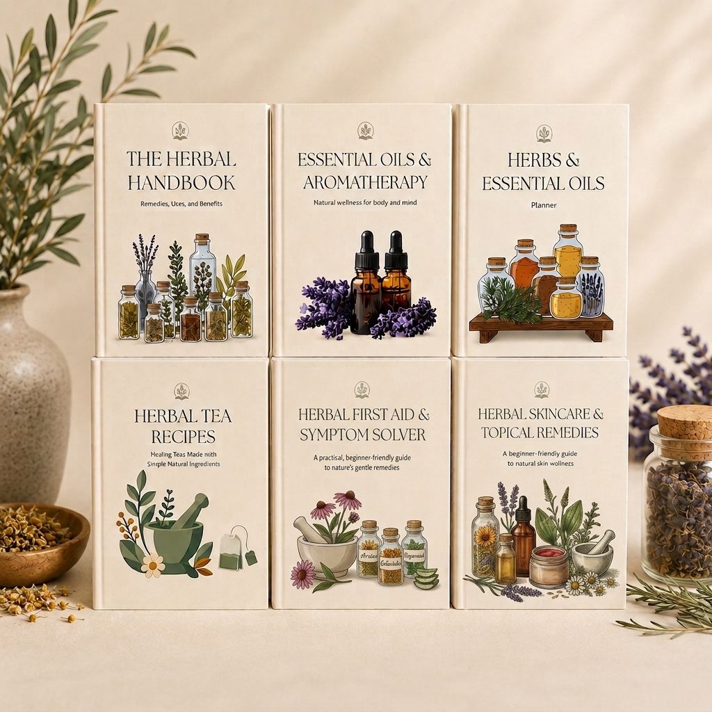 The Herbal Handbook collection: six core guides shown as cream hardcover books